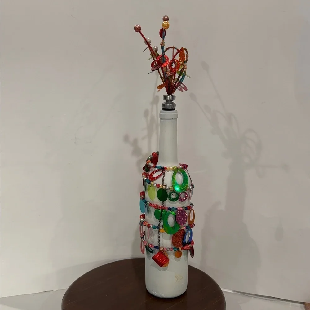 Decorative White Wine Bottle With Fireworks Beaded Stopper & Beads, Sequins Wrap